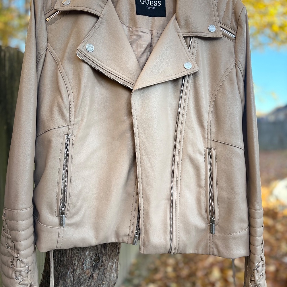 Excellent condition- Beige Faux-Leather Moto Jacket — Quilted Sleeves